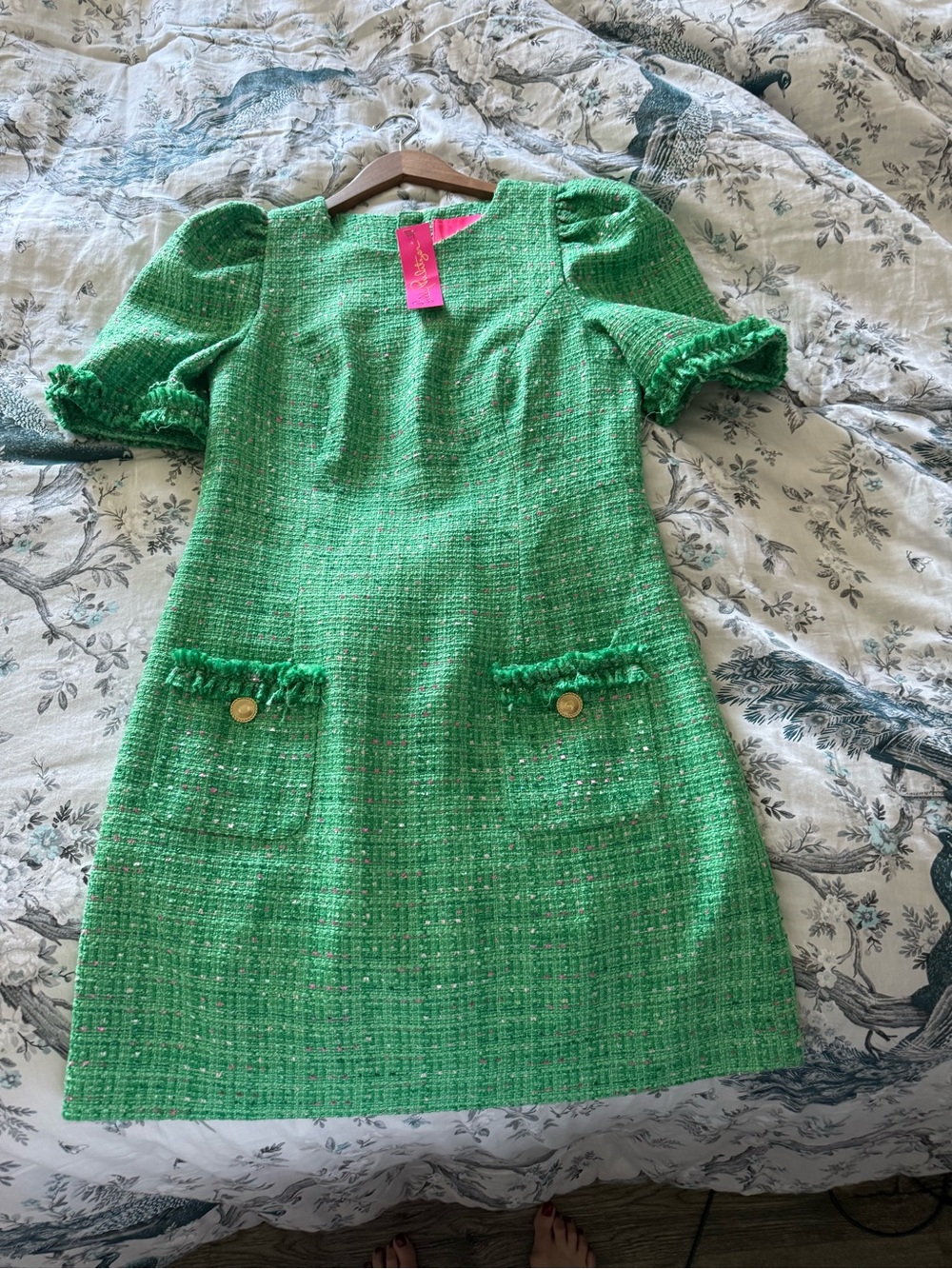 Lilly Pulitzer Green Tweed Puff-Sleeve Dress with Fringe Pockets